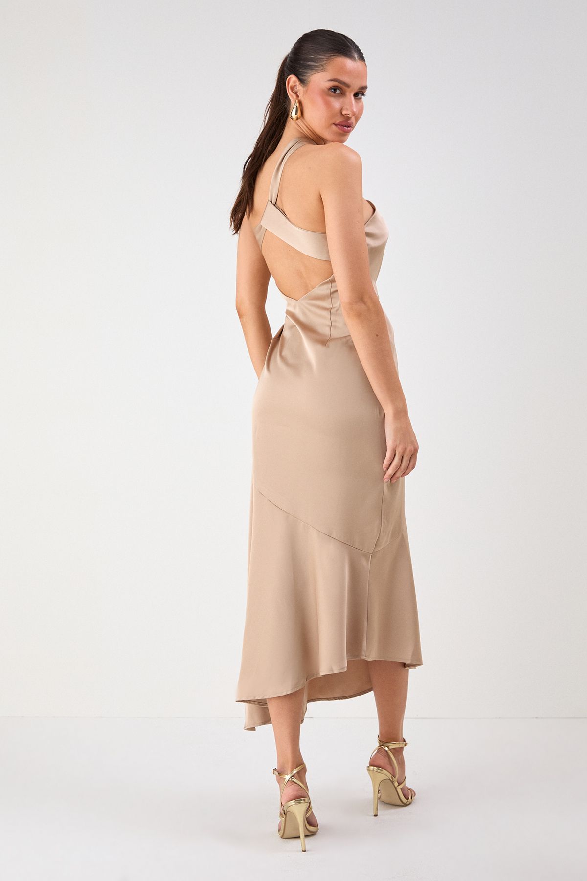 MissPap Satin One Shoulder Asymmetric Maxi Dress Champagne image 4