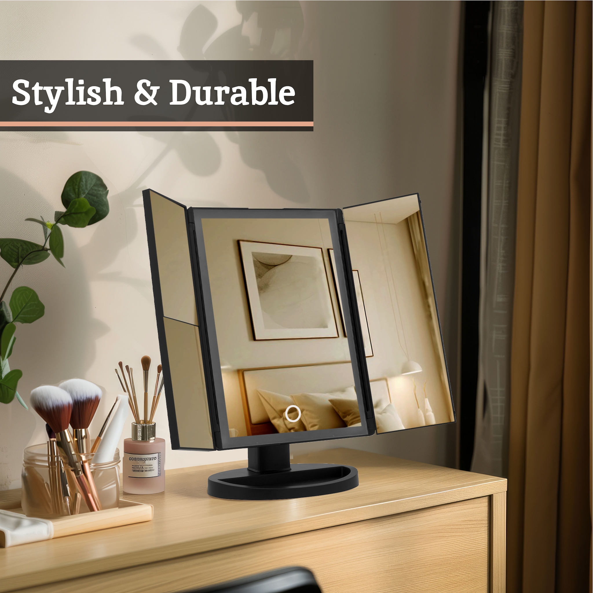 Orsina 180 Degree Rotatable Tri Fold White Table Mirror, TriFold Design Table Mirror, Versatile Small Table Mirror image 4