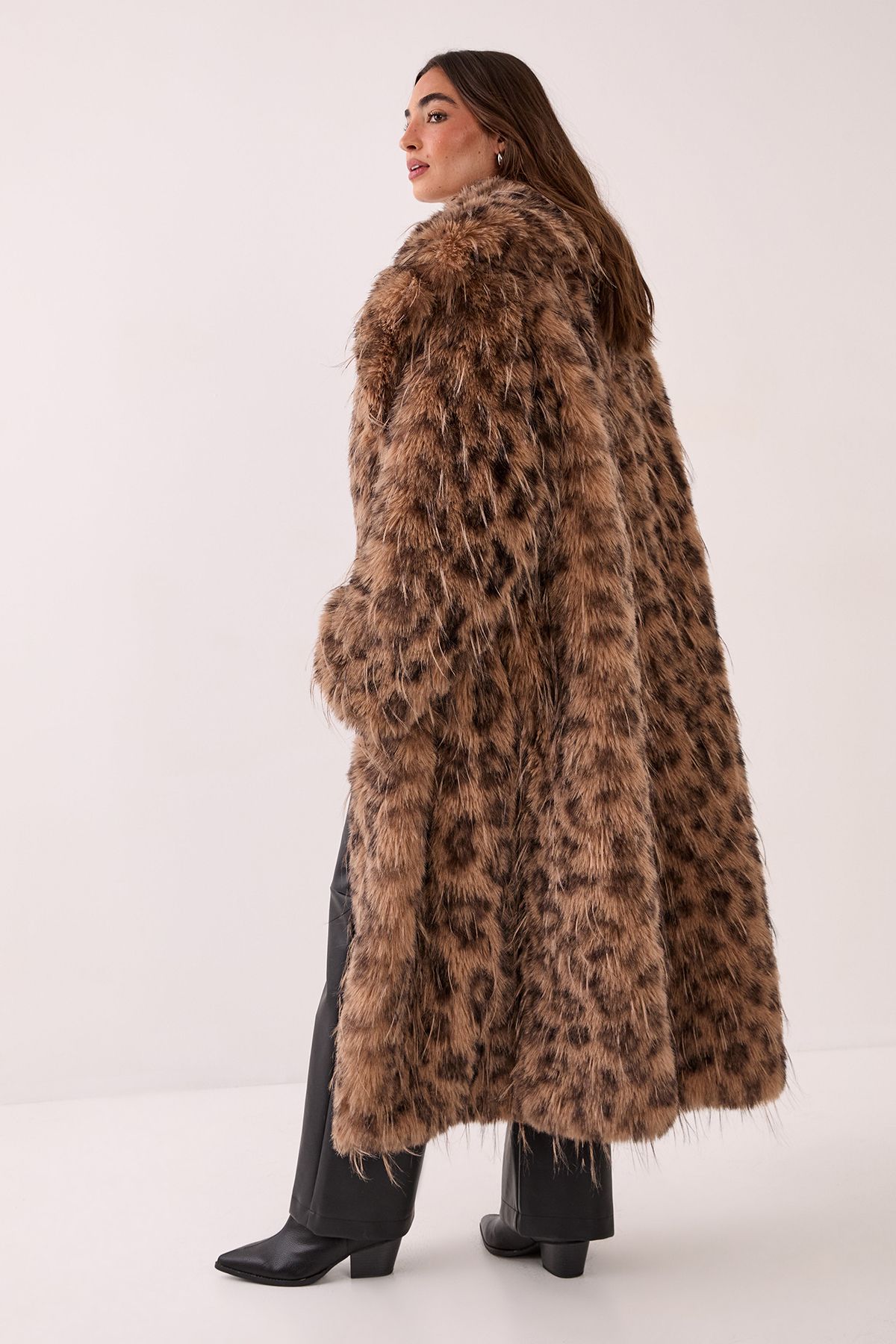 NastyGal Animal Leopard Print Collared Faux Fur Longline Coat Brown image 4