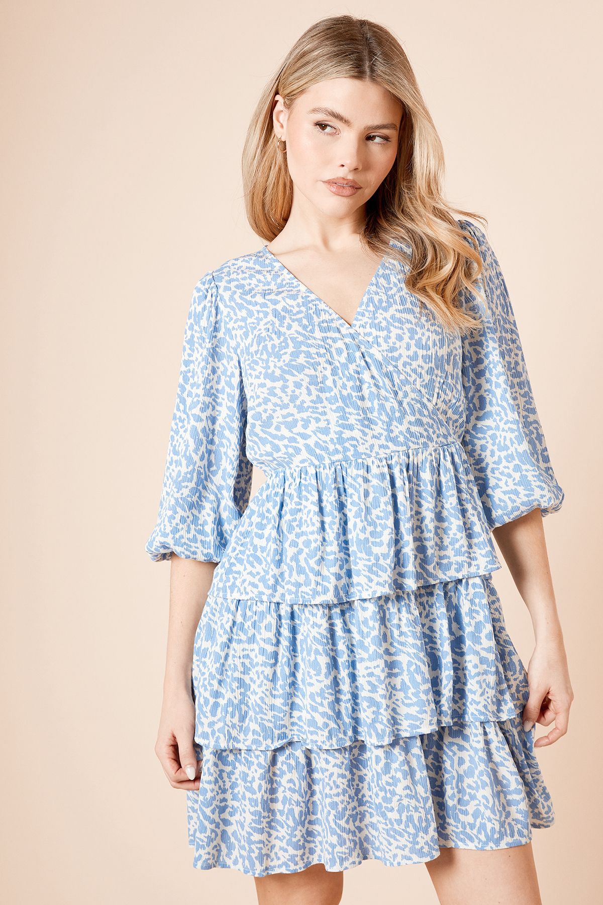 Dorothy Perkins Blue Wrap Front Tiered Blouson Sleeve Mini Dress Blue image 2