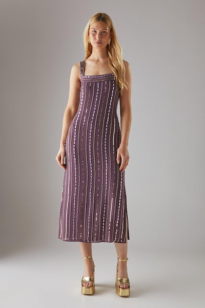 Warehouse Hand Embellished Sequin Square Neck Strappy Midi Dress Mauve