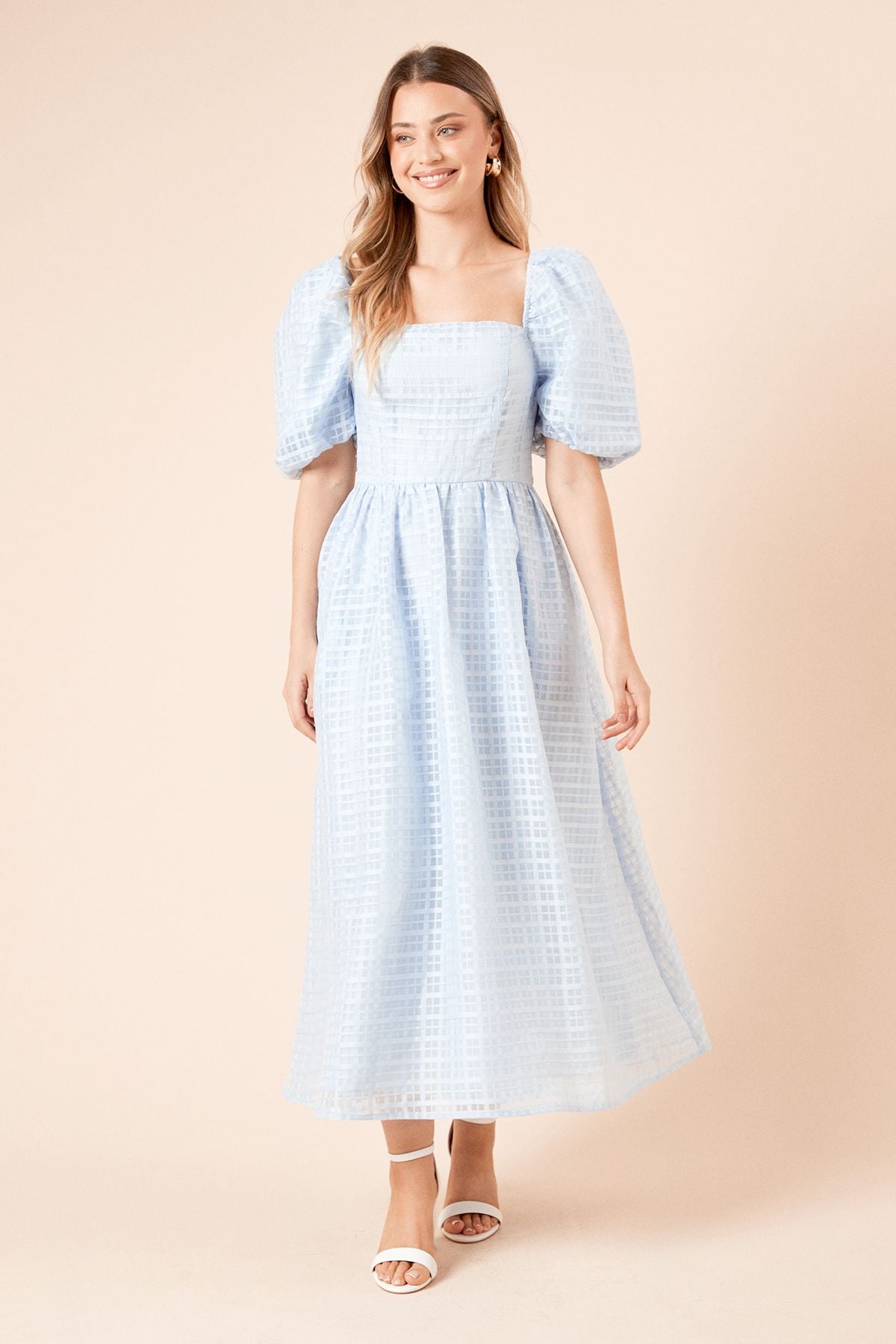 Dorothy Perkins DP Luxe Seersucker Square Neck Midi Dress Blue image 1