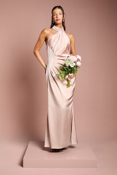 Coast Satin Asymmetric Neckline Maxi Bridesmaid Dress with Ruching Detail Mocha