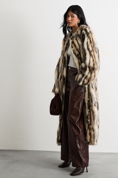 Oasis Premium Zig Zag Longline Faux Fur Coat Mono