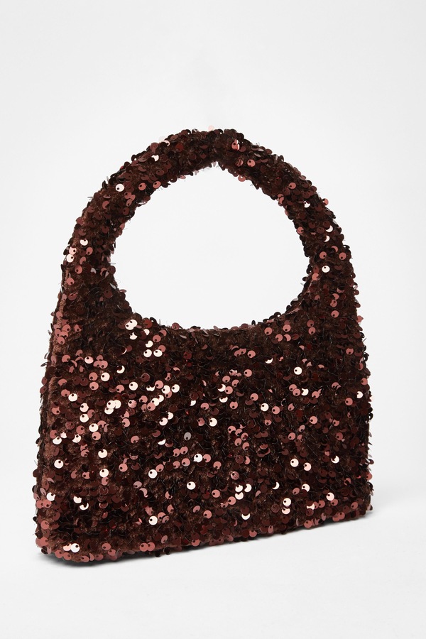 Quiz Brown Sequin Top Handle Bag