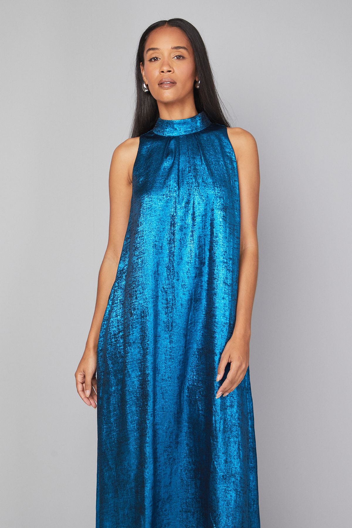 Principles Halterneck Pleated Metallic Midaxi Dress Blue image 2