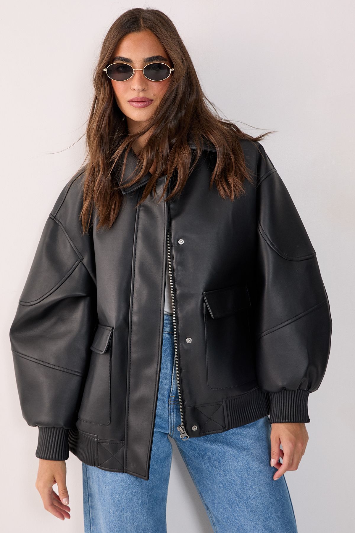 NastyGal Oversized Longline Faux Leather Bomber Jacket Black image 4