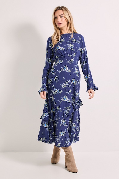 Dorothy Perkins Frill Sleeve Ruffle Detail Printed Midi Dress Purple