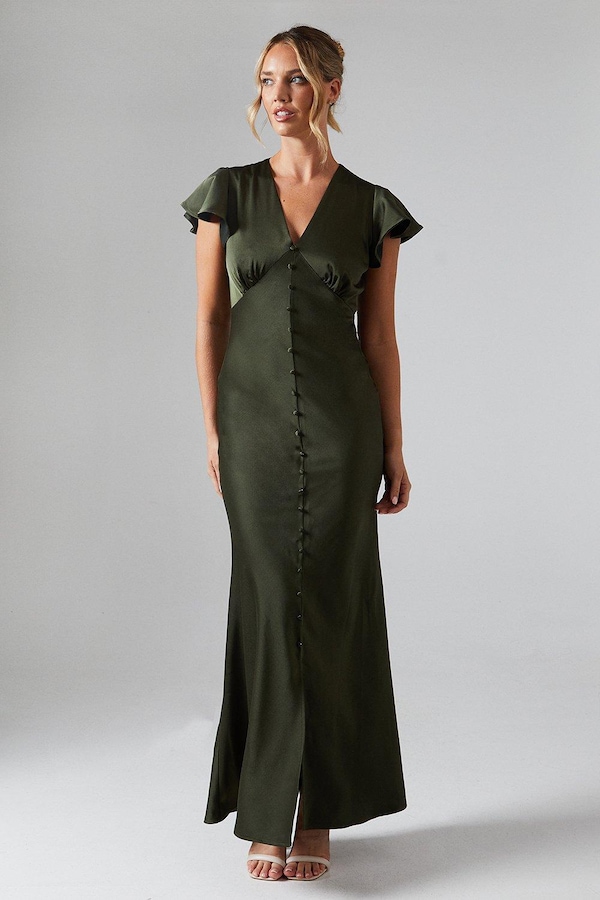 Oasis Button Detail V Neck Satin Bridesmaids Midaxi Dress Olive