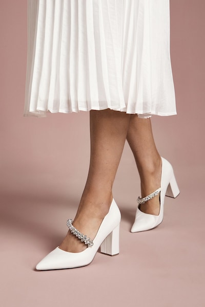 Coast Bridal Kandy Faux Leather Embellished Mary Jane High Block Heel Court Shoes White