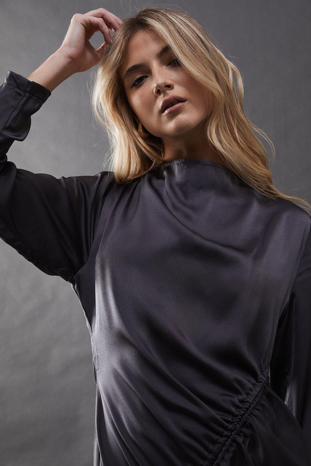 Warehouse Satin Drawstring Detail Midi Dress Charcoal image 4