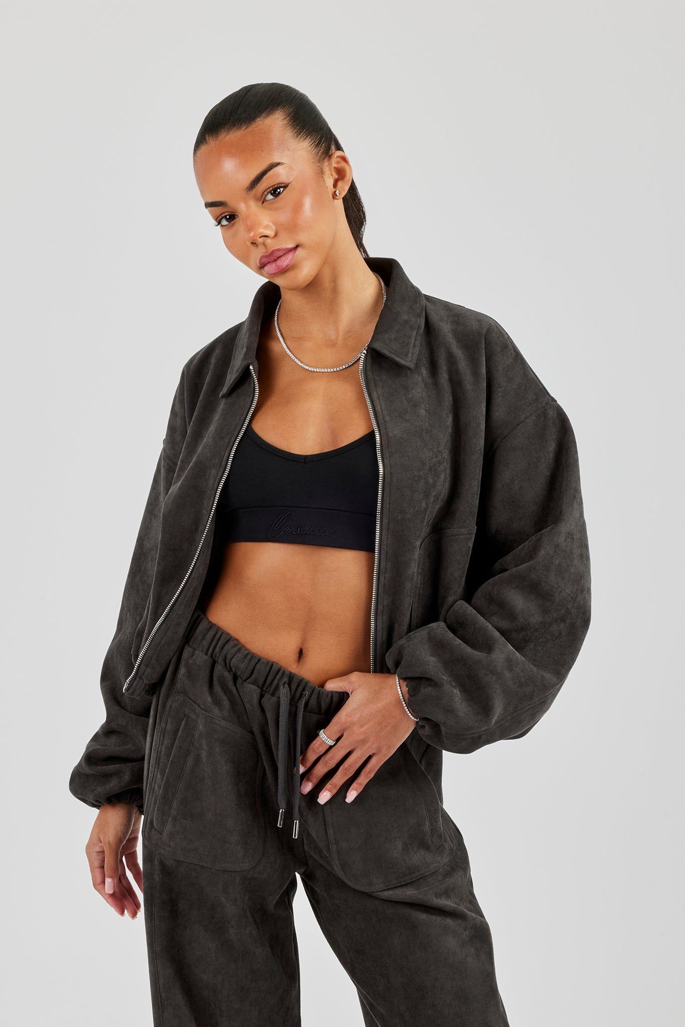 Cernucci Suede Collared Bomber Jacket - Charcoal image 1