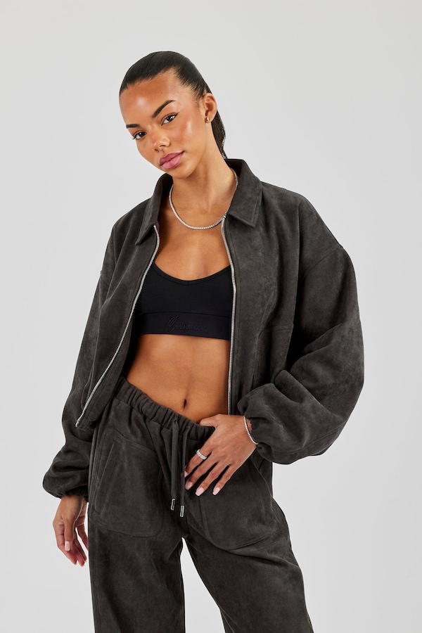 Cernucci Suede Collared Bomber Jacket - Charcoal