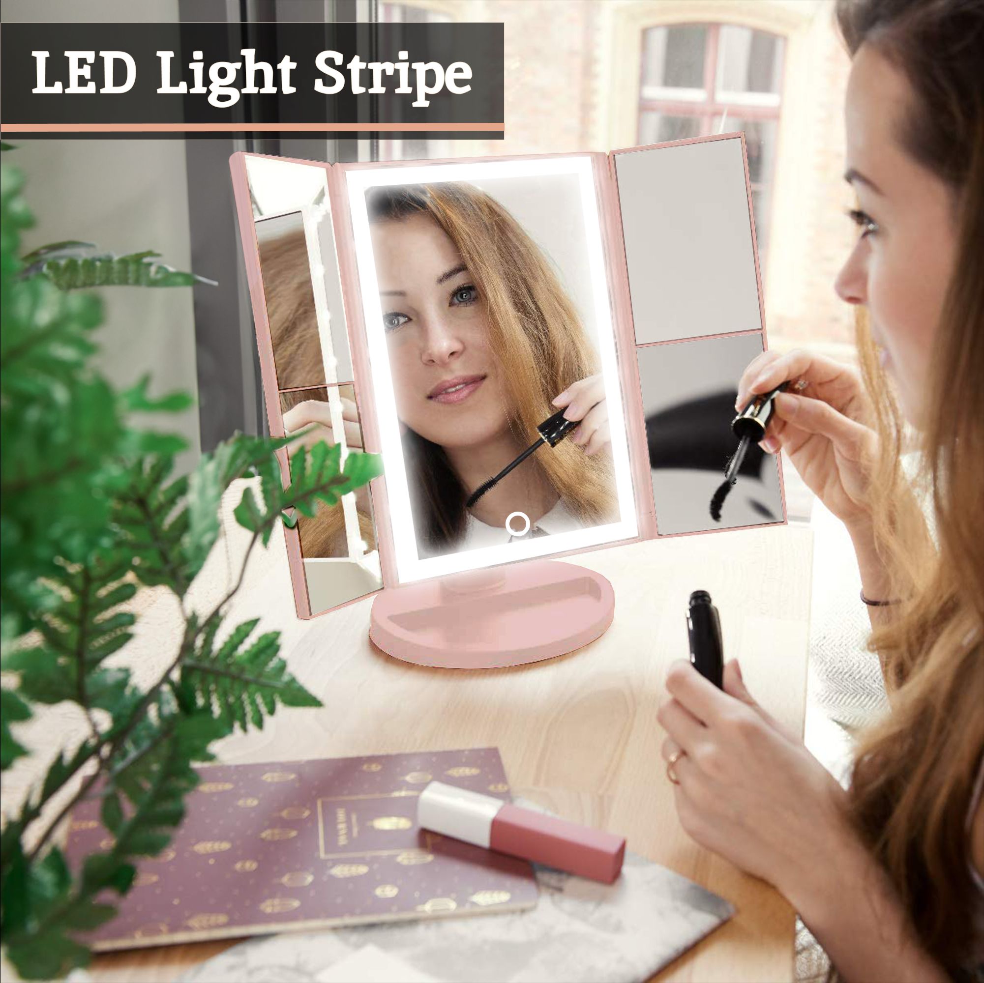 Orsina 180 Degree Rotatable Tri Fold White Table Mirror, TriFold Design Table Mirror, Versatile Small Table Mirror image 6