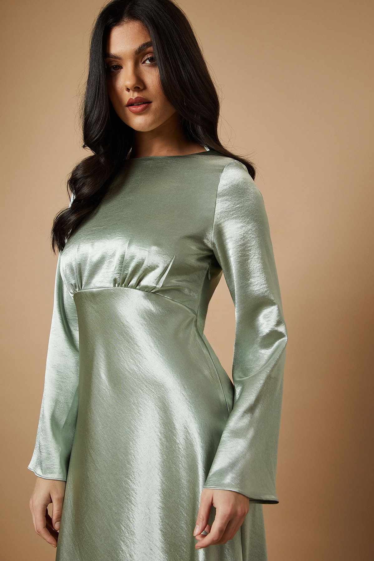 Oasis Metallic Satin Long Sleeve Midi Dress Sage image 4