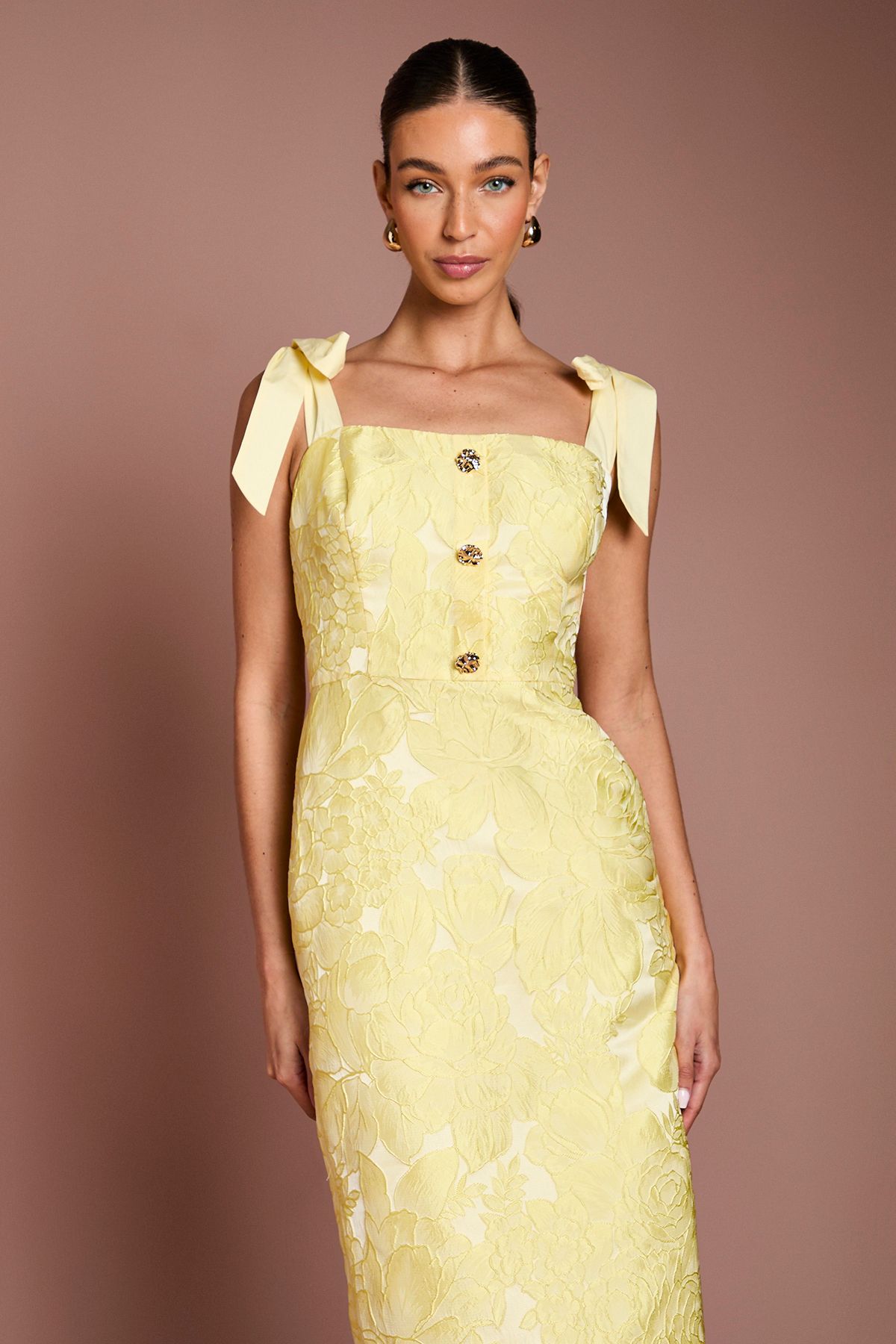 Coast Jacquard Tie Shoulder Button Detail Pencil Dress Lemon image 2