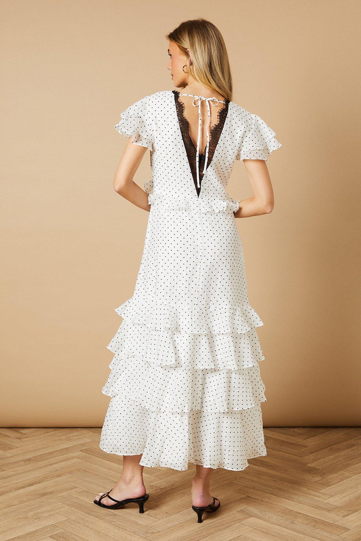 Oasis Spot Ruffle Tiered Lace Midi Dress White image 3