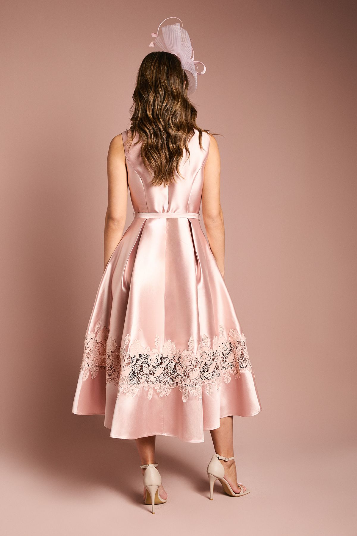 Coast Sleeveless Twill Midi Dress With Lace Trim And Belt Pink image 4