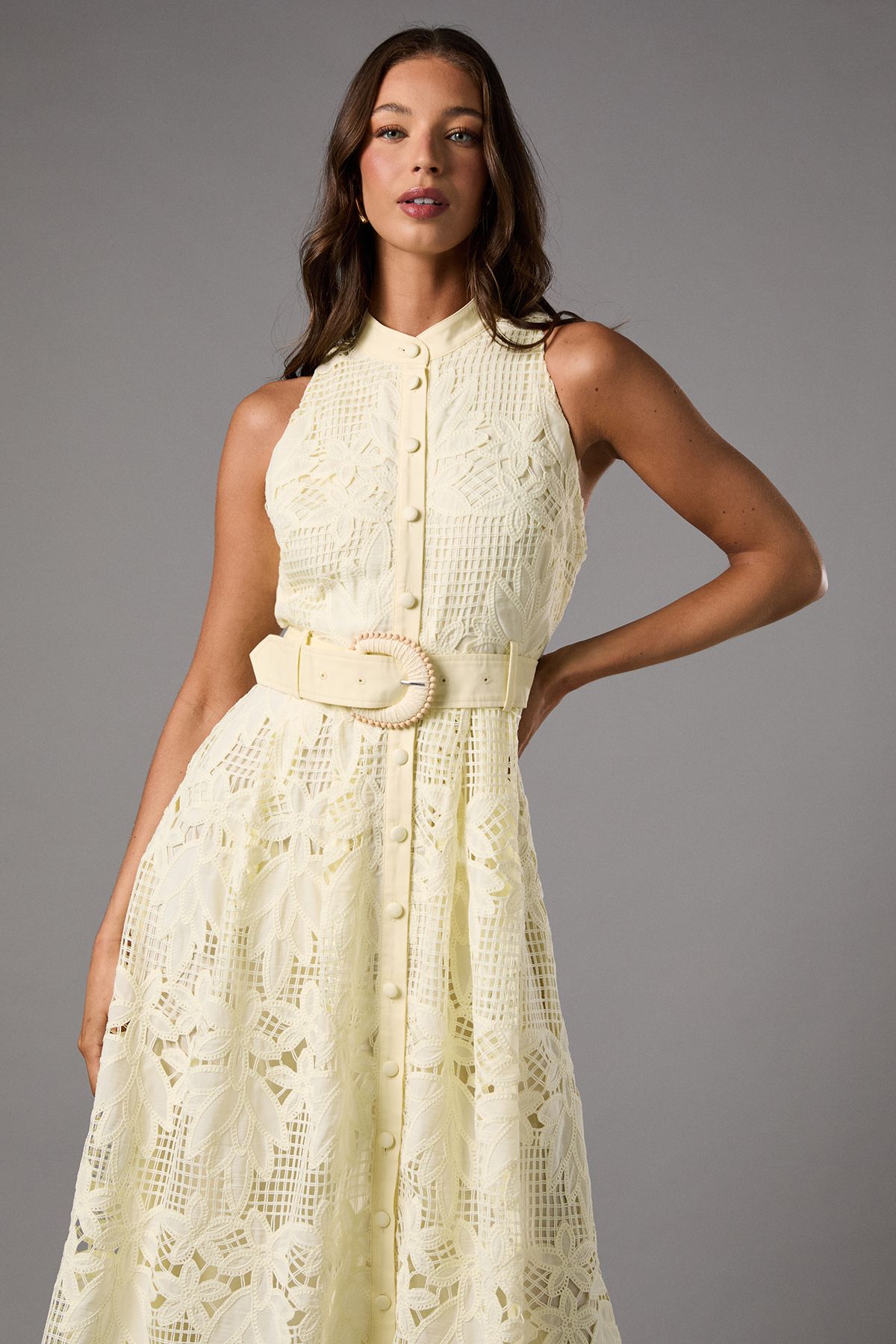 Coast Belted Sleeveless Cutwork Lace Midi Dress Lemon image 2