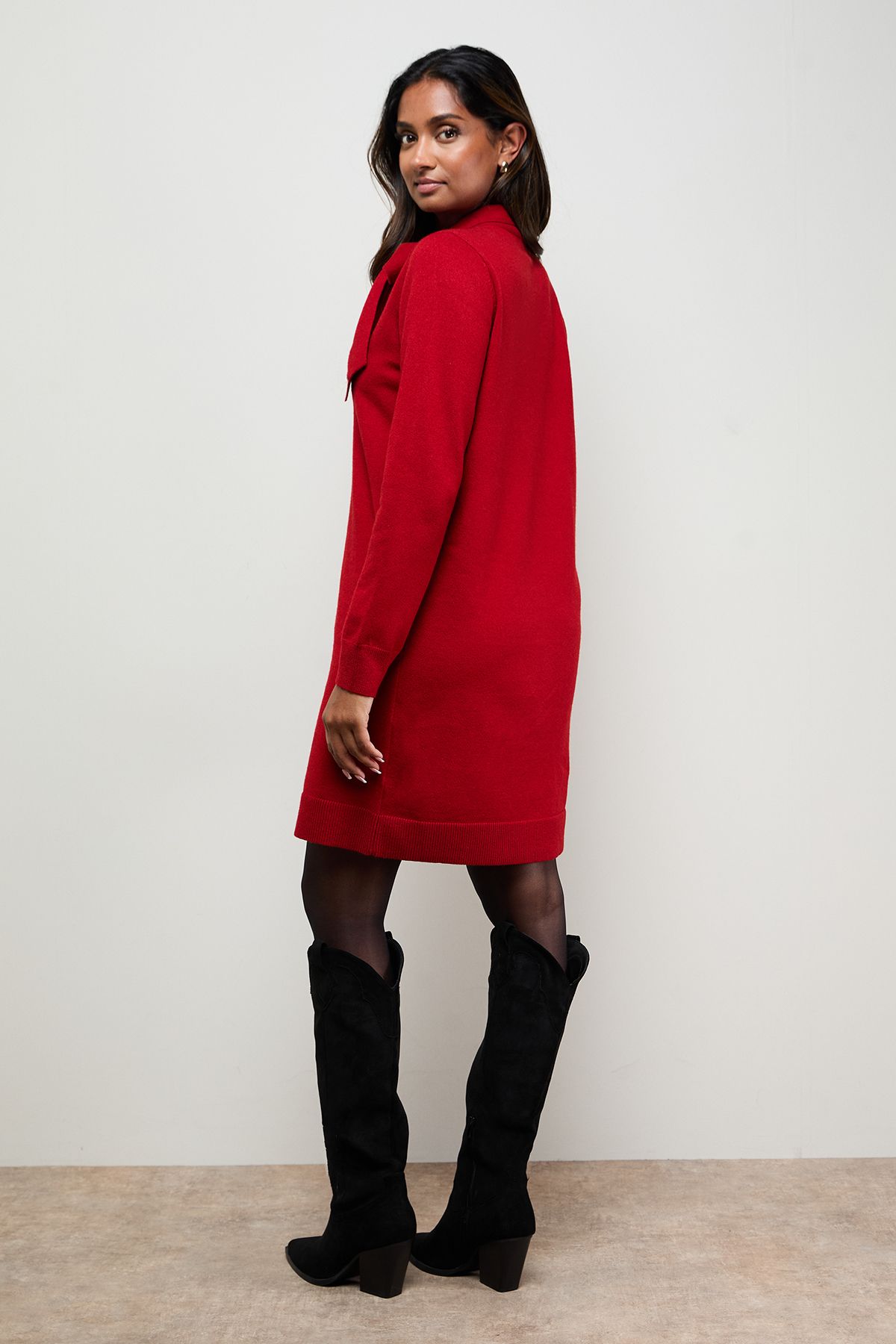 Oasis Pussy Bow Knitted Mini Dress Red image 3