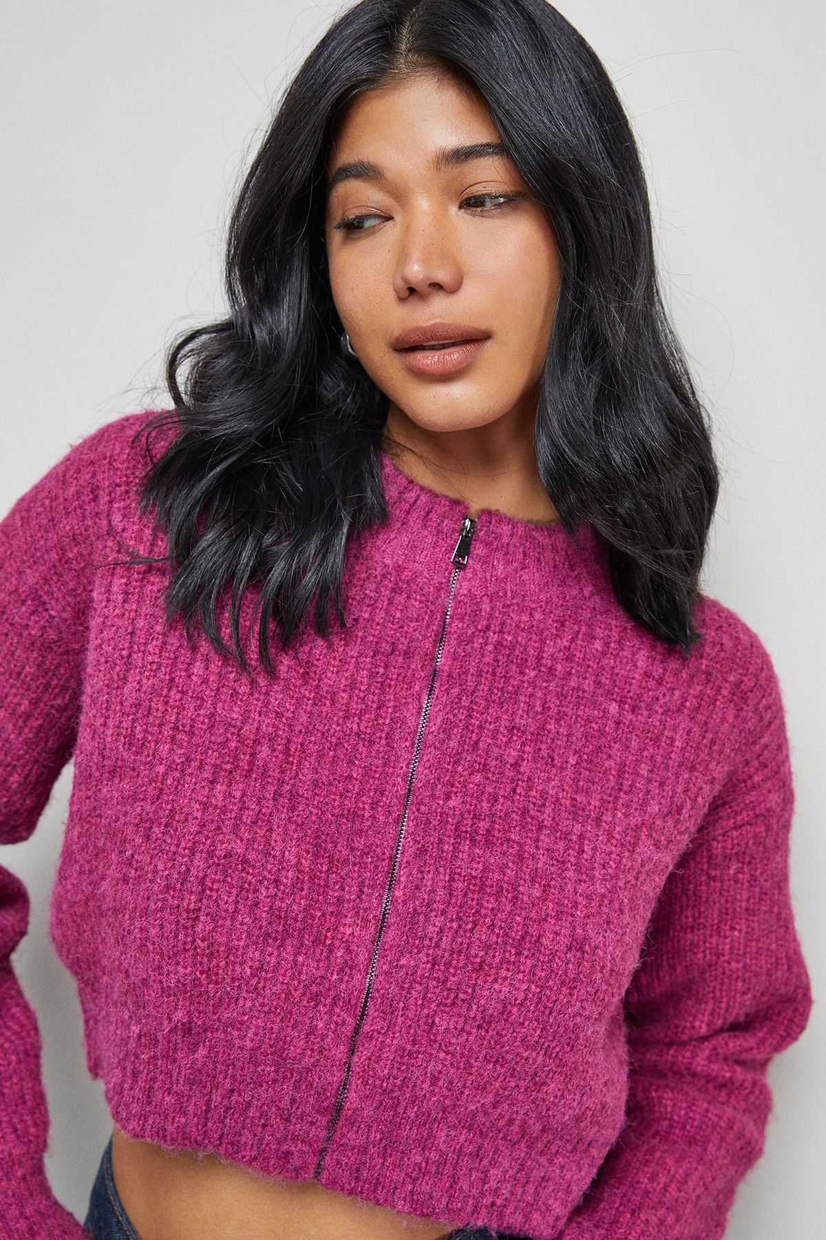 Warehouse Zip Up Rib Crew Cardigan Pink image 4