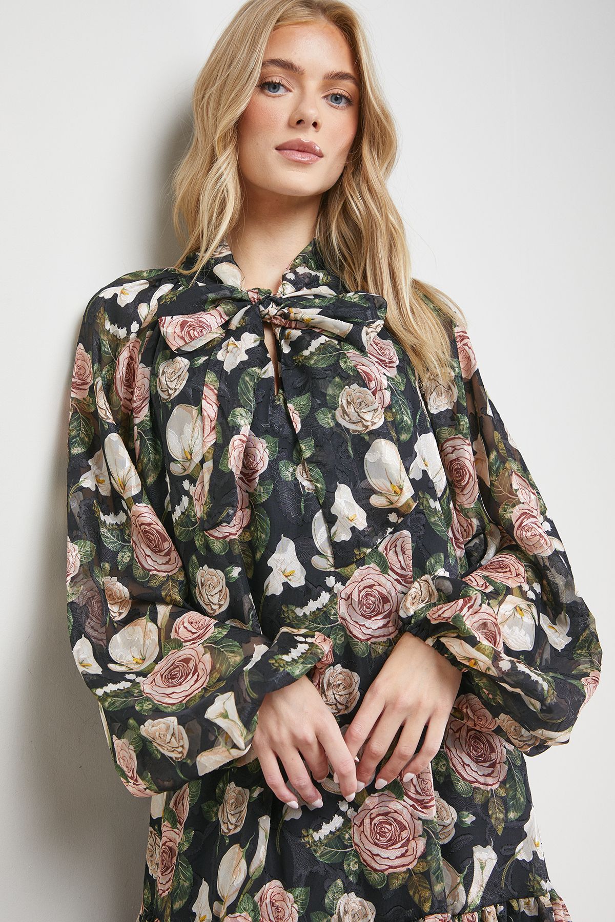 Oasis Rose Print Tie Neck Balloon Sleeve Mini Smock Dress Floral image 4