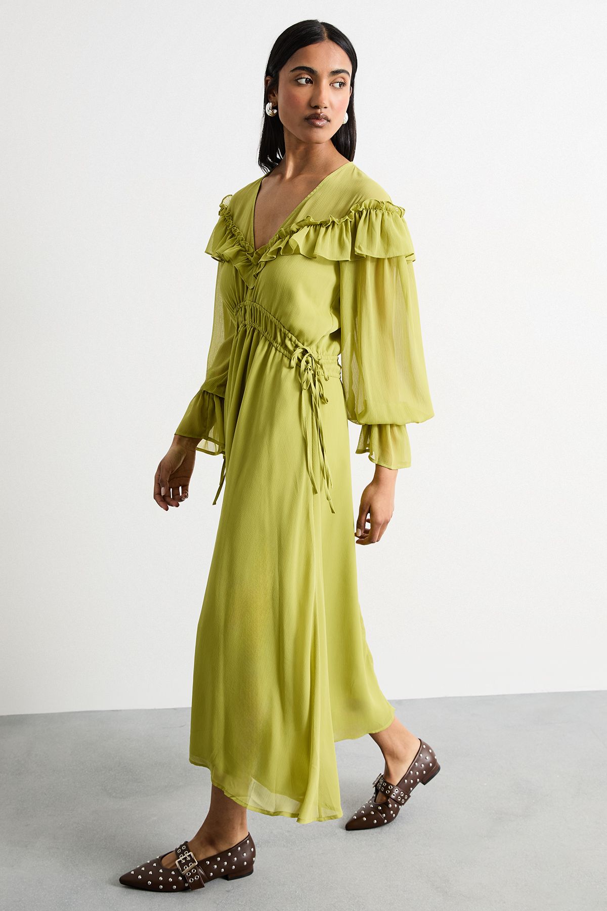 Warehouse Ruffle Shoulder Detail V Neck Boho Maxi Dress Chartreuse image 1