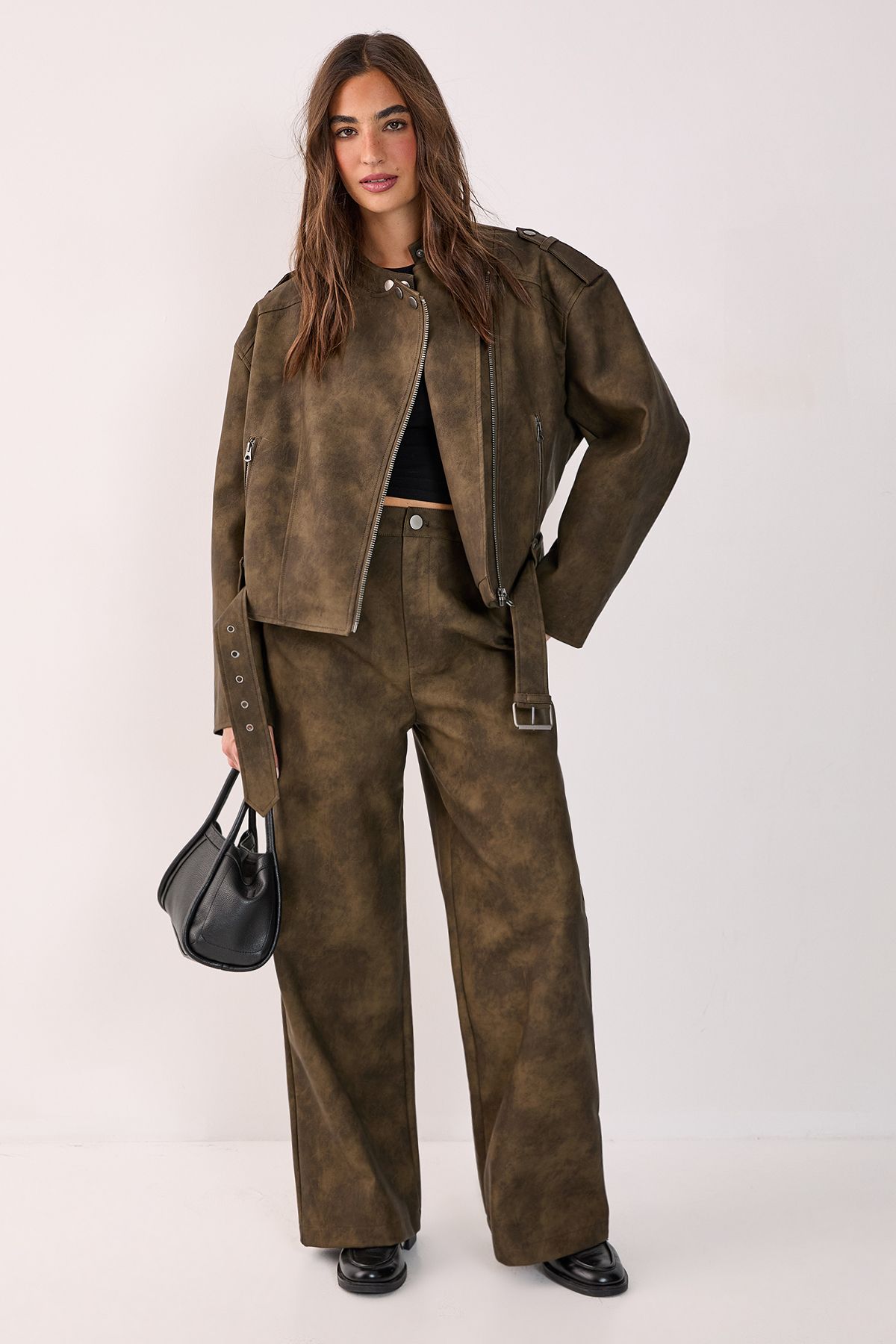 NastyGal Slouch Faux Leather Pants Olive image 1