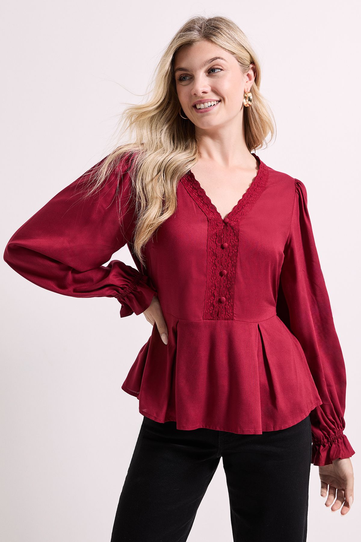 Dorothy Perkins Lace Trim Blouson Sleeve Peplum Top Burgundy image 2