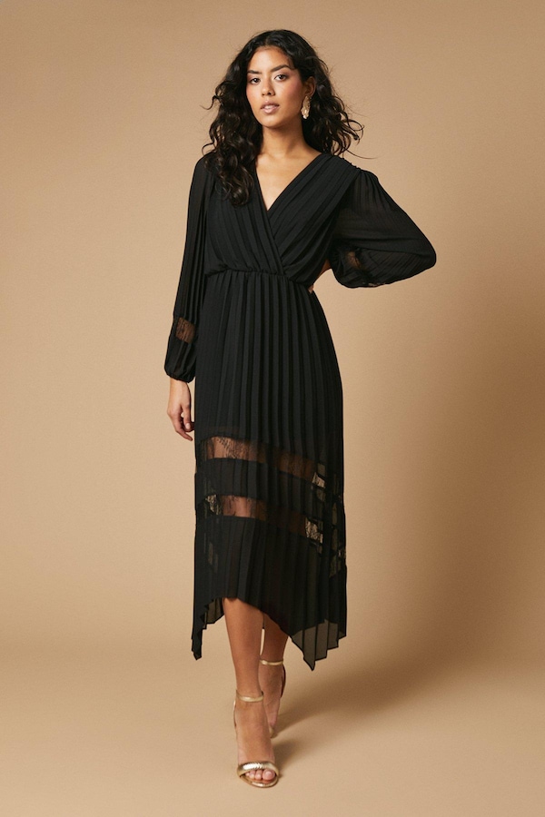 Oasis Petite Pleated Lace Trim Insert Wrap Midi Dress Black