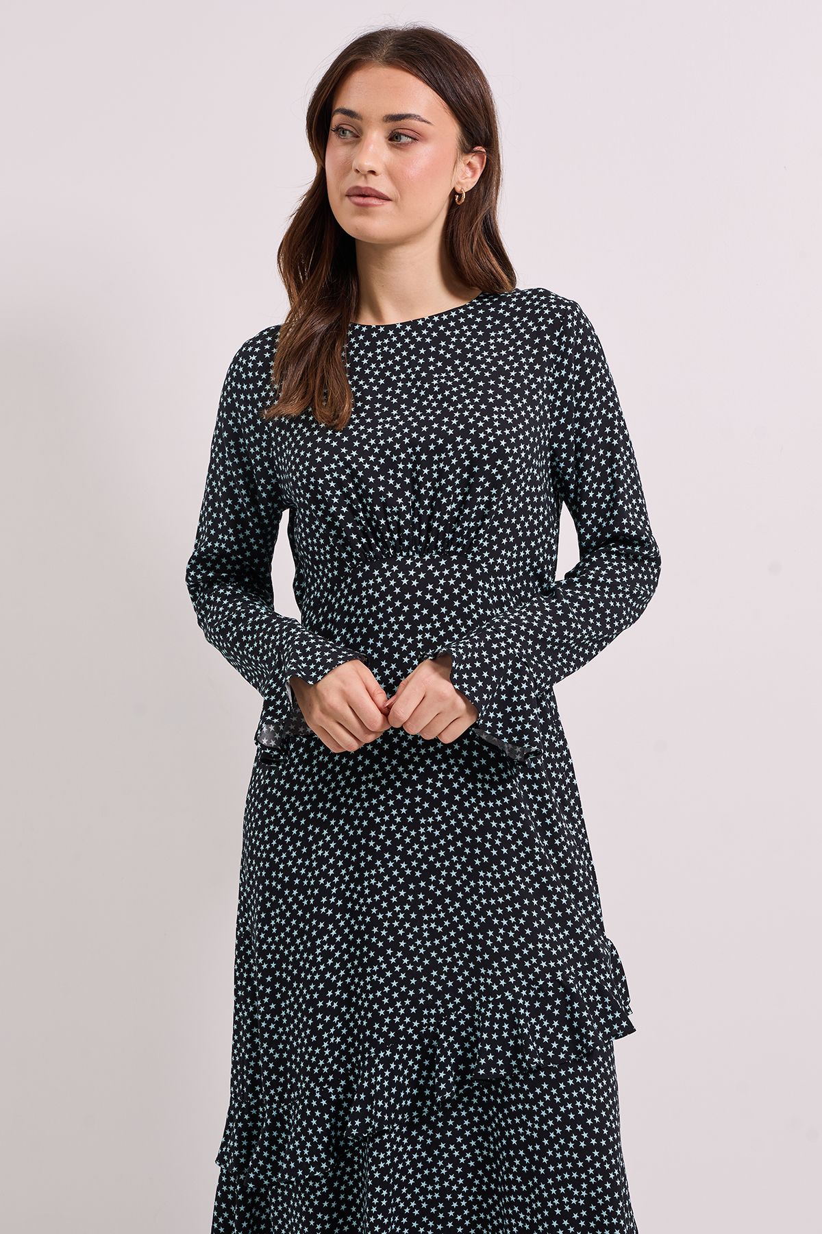 Dorothy Perkins Frill Sleeve Ruffle Detail Printed Midi Dress Black image 2