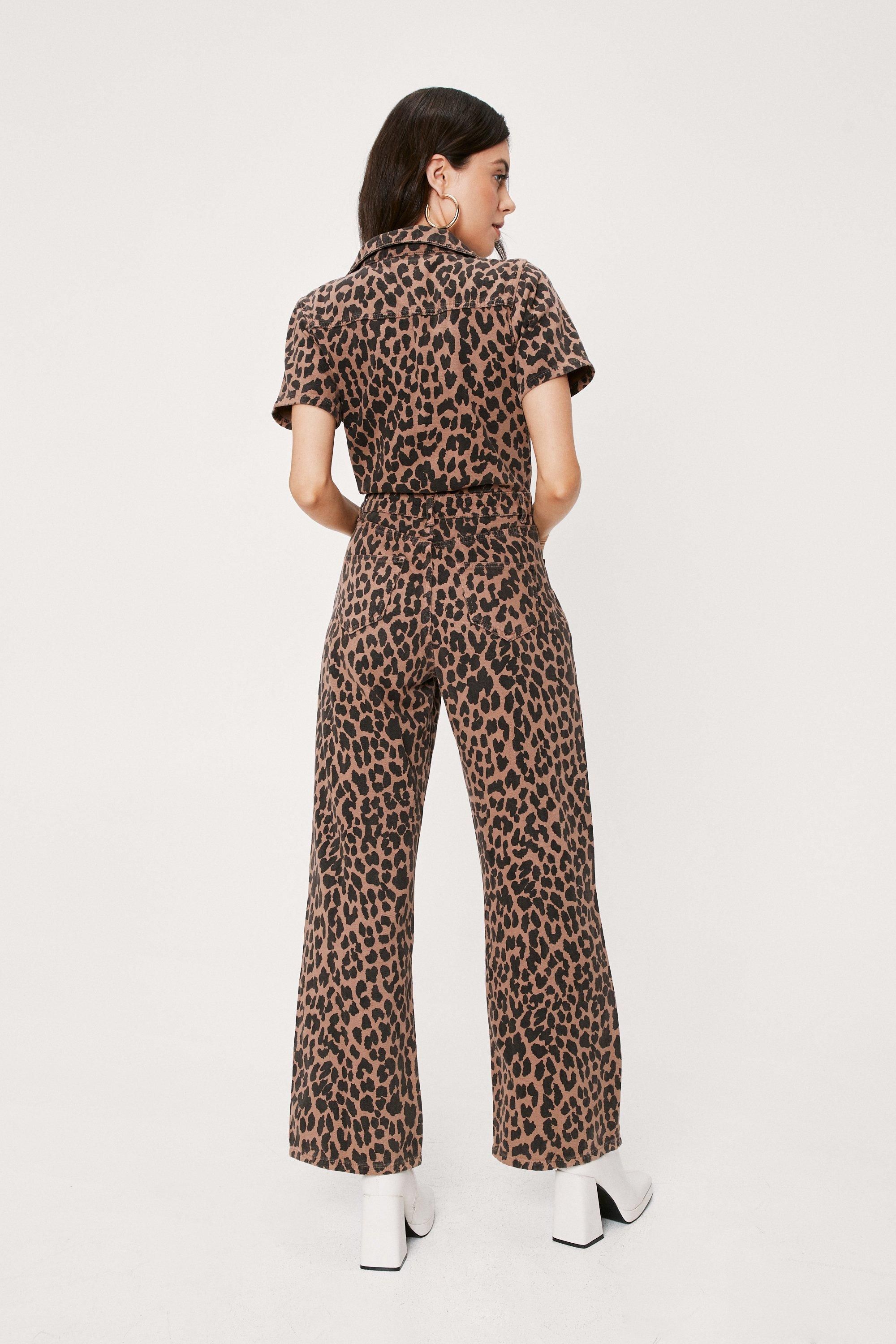 NastyGal Denim Leopard Print V Neck Jumpsuit Chocolate image 4