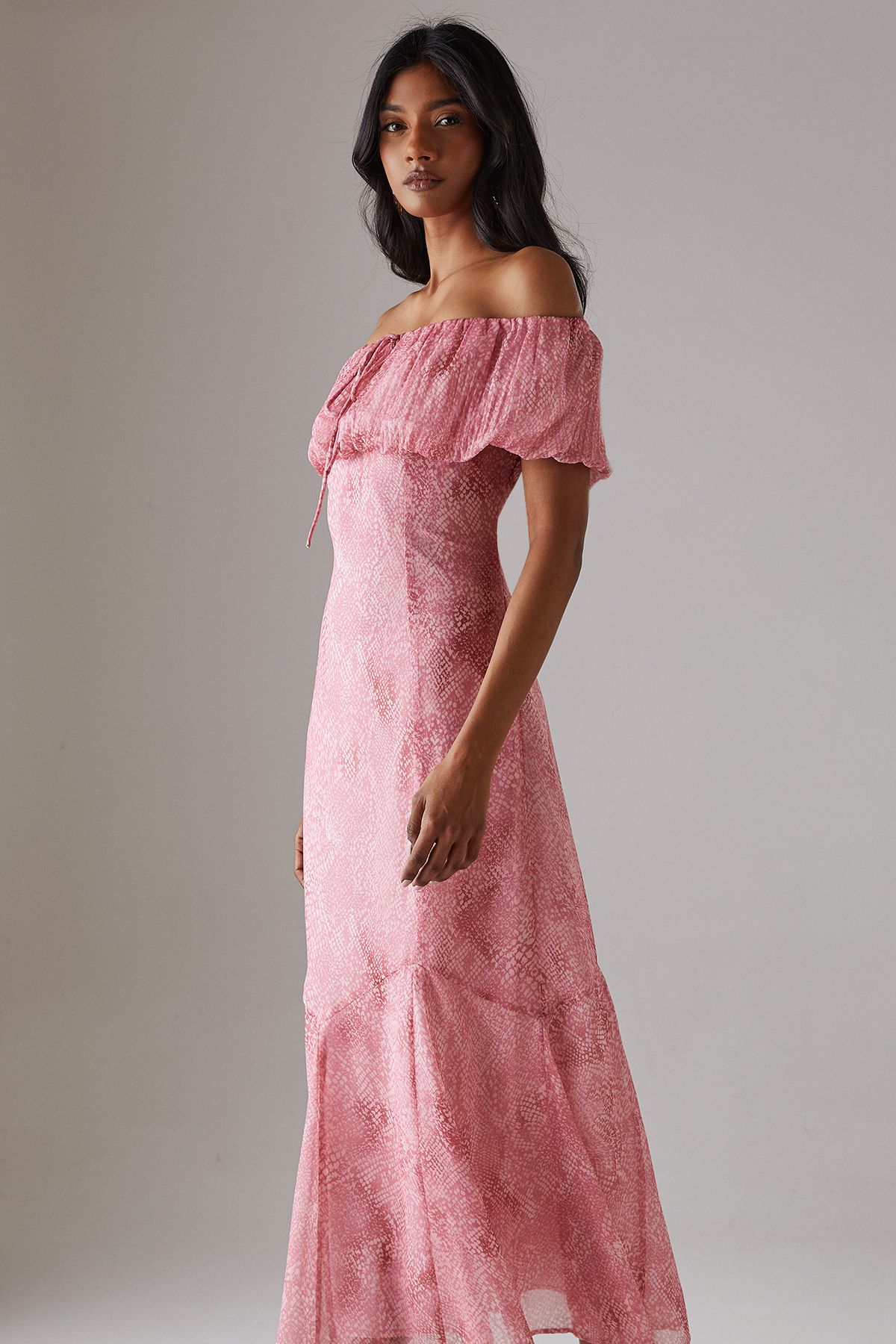 Warehouse Chiffon Bardot Godet Insert Milkmaid Midi Dress Pink image 4
