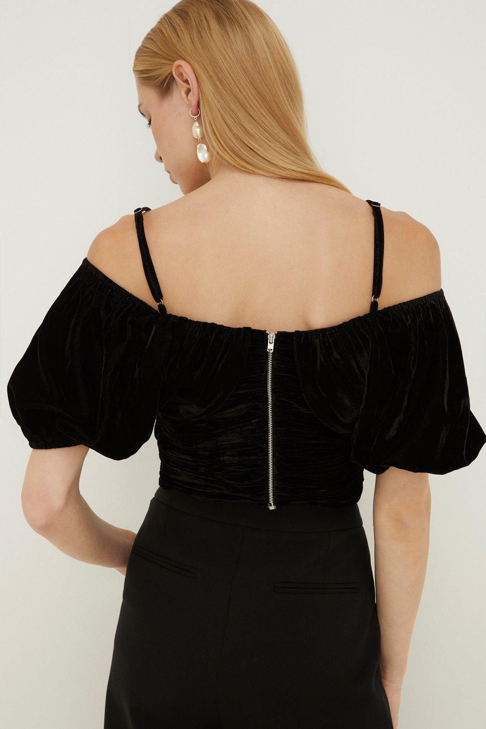Oasis Rachel Stevens Velvet Ruched Bardot Top Black image 4