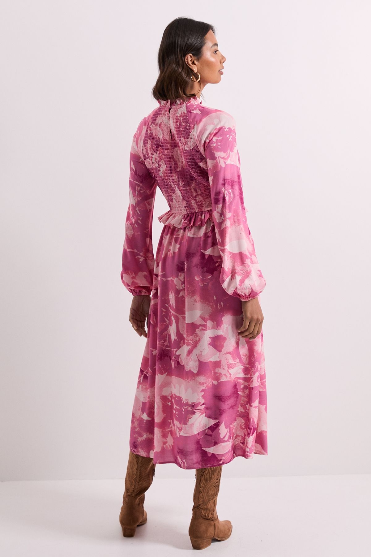 Dorothy Perkins Pink Floral Shirred Bodice Frill Detail Midi Dress Pink image 3