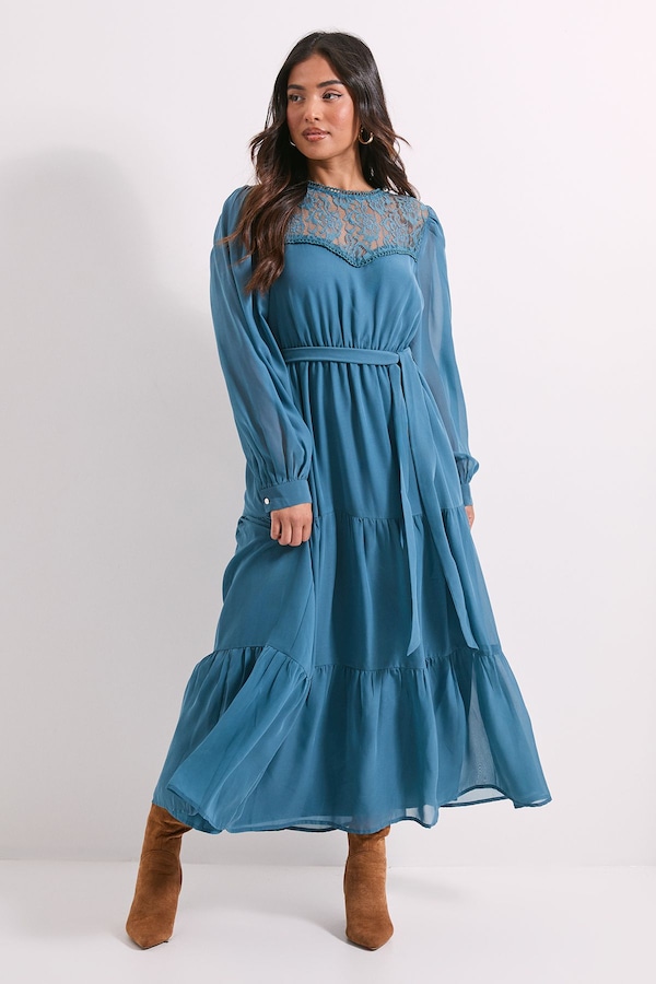 Dorothy Perkins Petite Lace Yoke Blouson Sleeve Tiered Midaxi Dress Blue