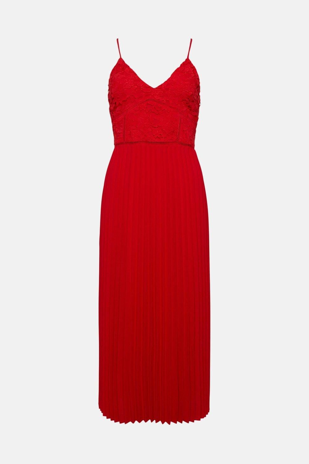 Oasis Strappy Lace V Neck Pleat Midi Dress Red image 4