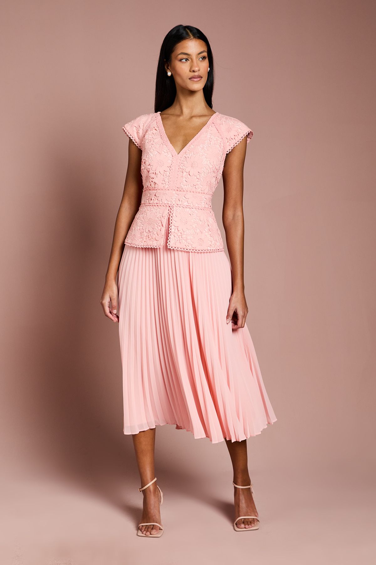 Coast Petite V Neck Lace Bodice Peplum Midi Dress Blush