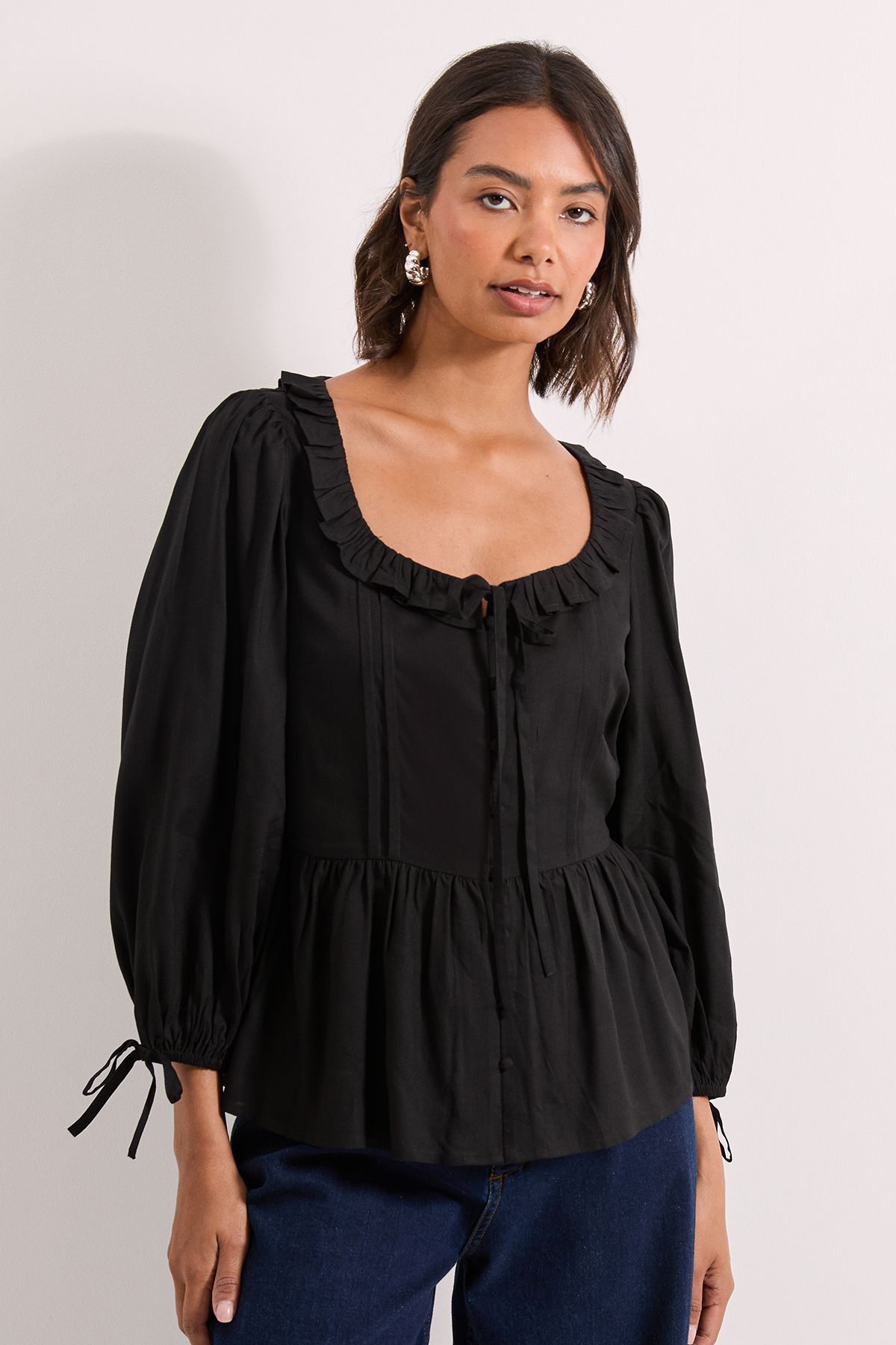 Dorothy Perkins Frill Neckline Button Down Top Black