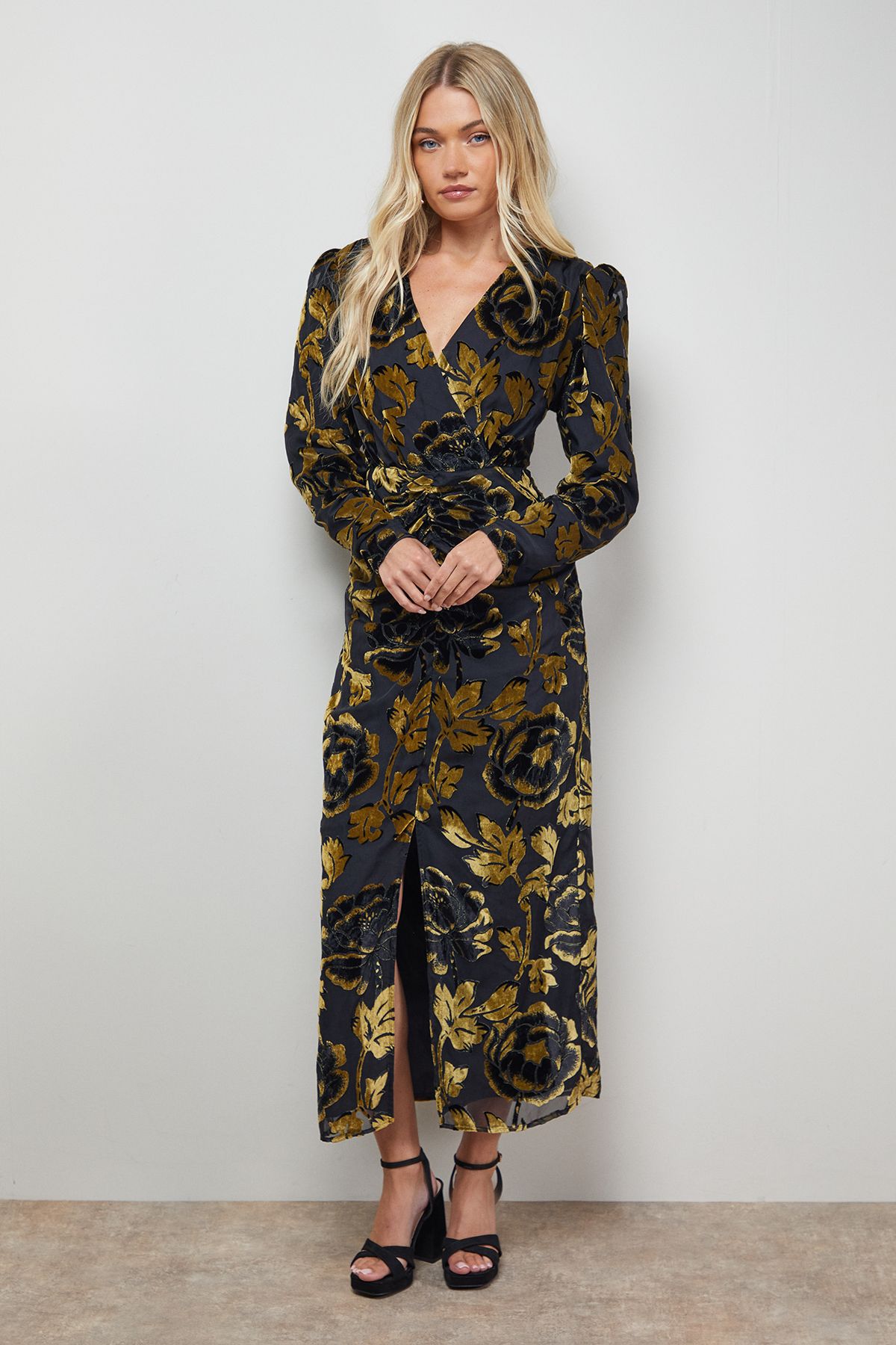 Oasis Floral Shoulder Pad Long Sleeve Midi Dress Gold image 1