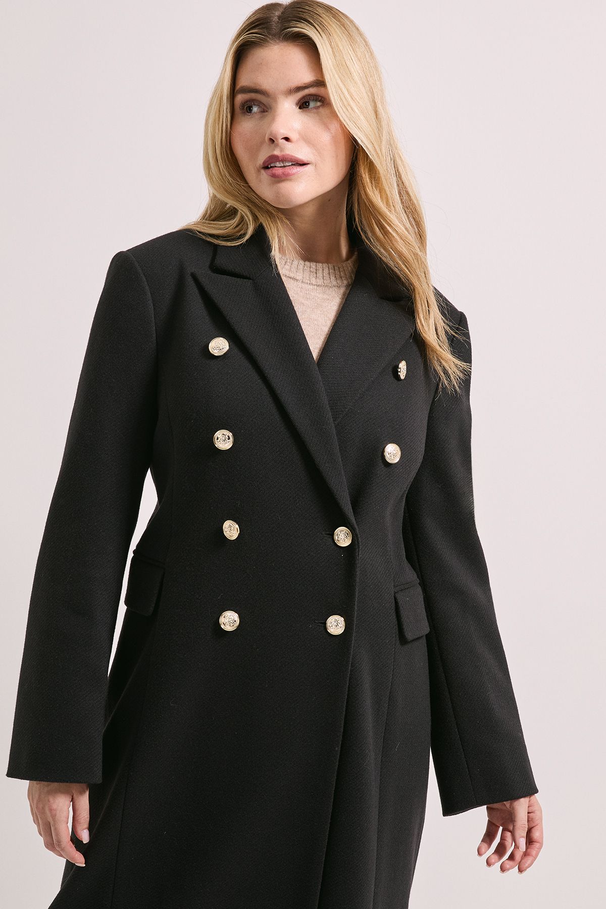 Dorothy Perkins Midi Length Fitted Military Coat Black image 2