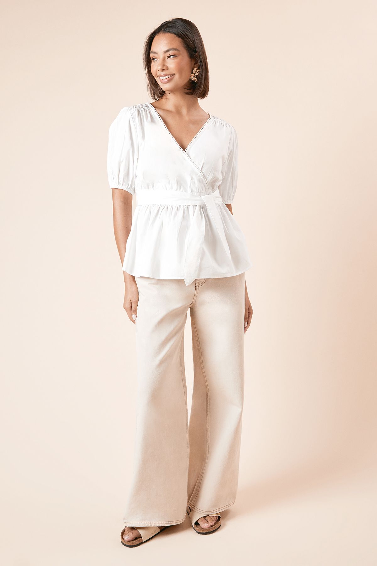 Dorothy Perkins Scallop Trim Wrap Poplin Blouse White image 2
