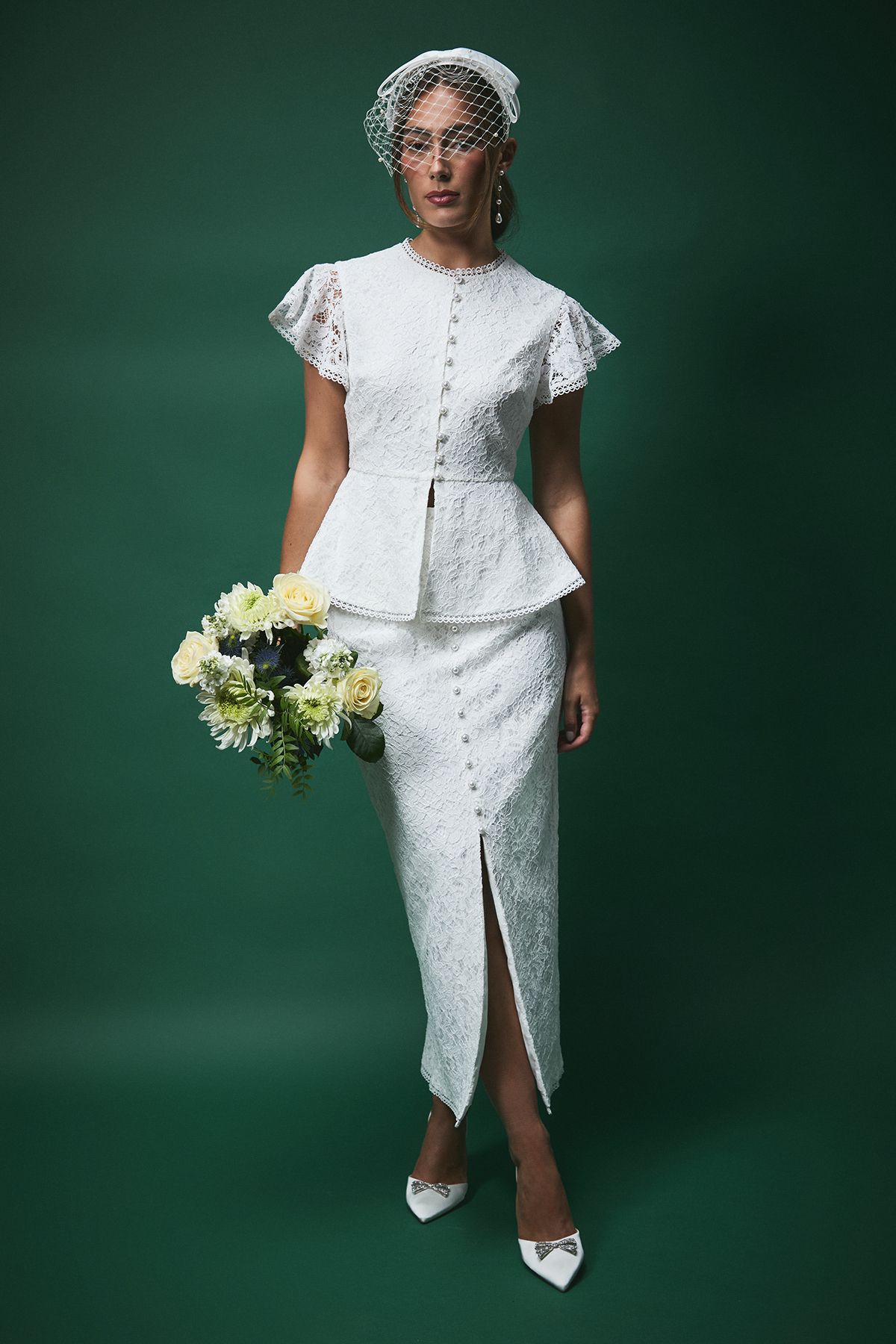 Coast Lisa Tan Textured Sequin Lace with Peplum Hem and Flutter Sleeve Bridal Top Ivory image 2