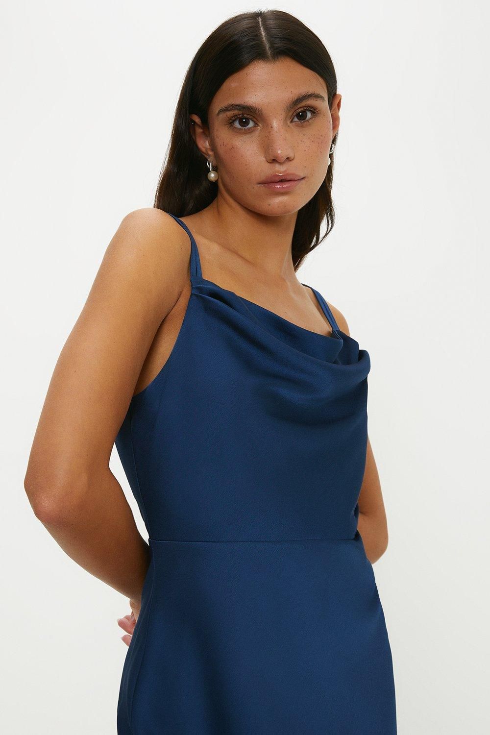 Oasis Satin Cowl Double Strap Midi Bridesmaids Dress Navy image 2