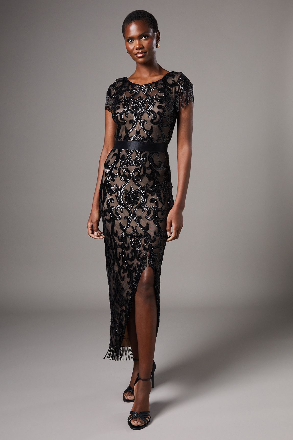 Coast Cap Sleeve Sequin Midi Dress Black image 1