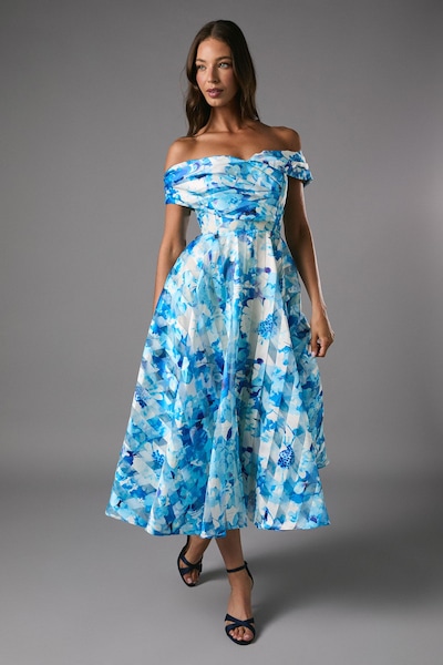 Coast Stripe Organza Pleated Top Floral Print Midi Dress Blue