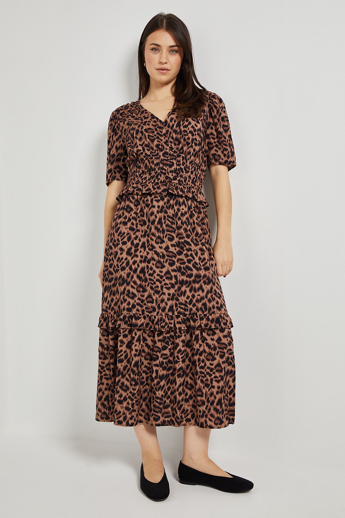 Dorothy Perkins Leopard Empire Shirred Bodice Button Detail Maxi Dress Leopard