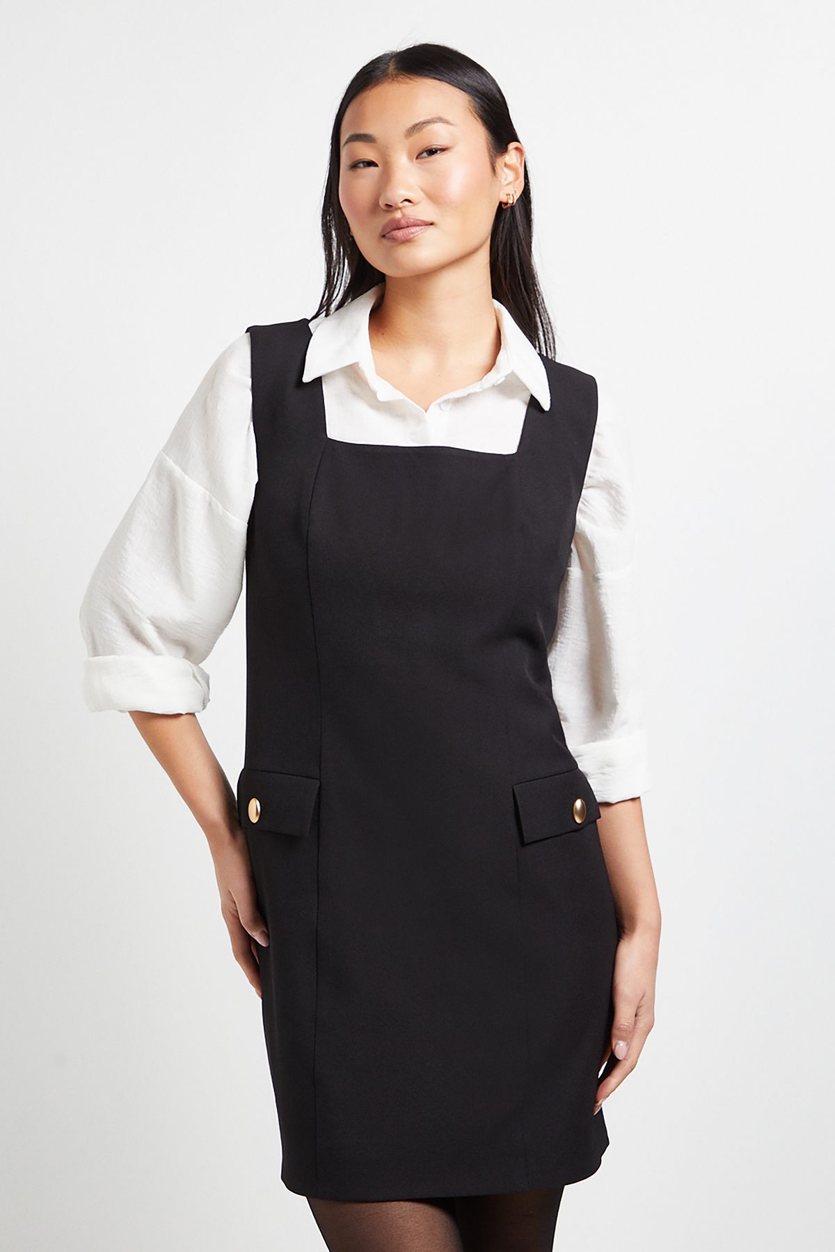 Dorothy Perkins Petite Pocket Detail Tie Back Pinafore Mini Dress Black image 2