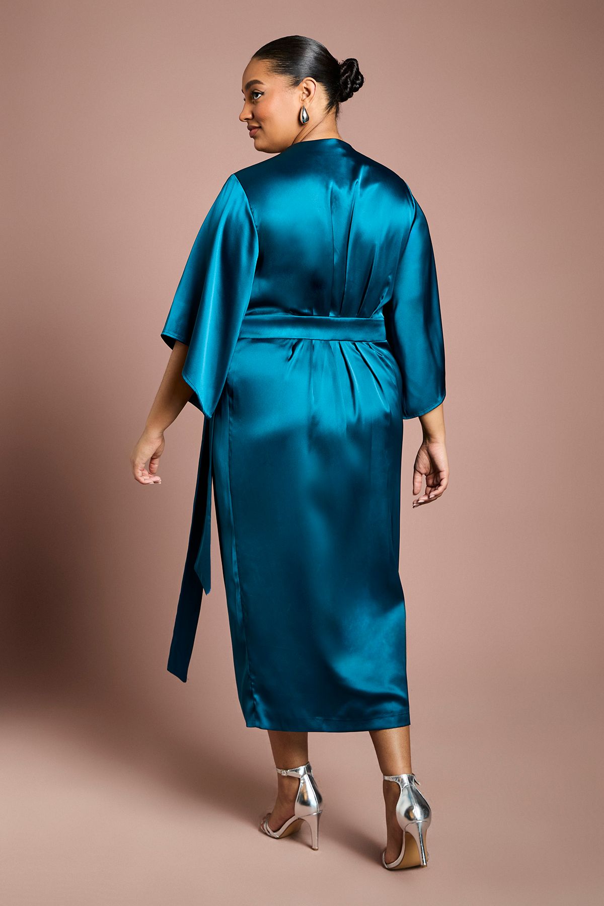 Coast Plus Satin Pleat Front Midi Wrap Dress Teal image 3
