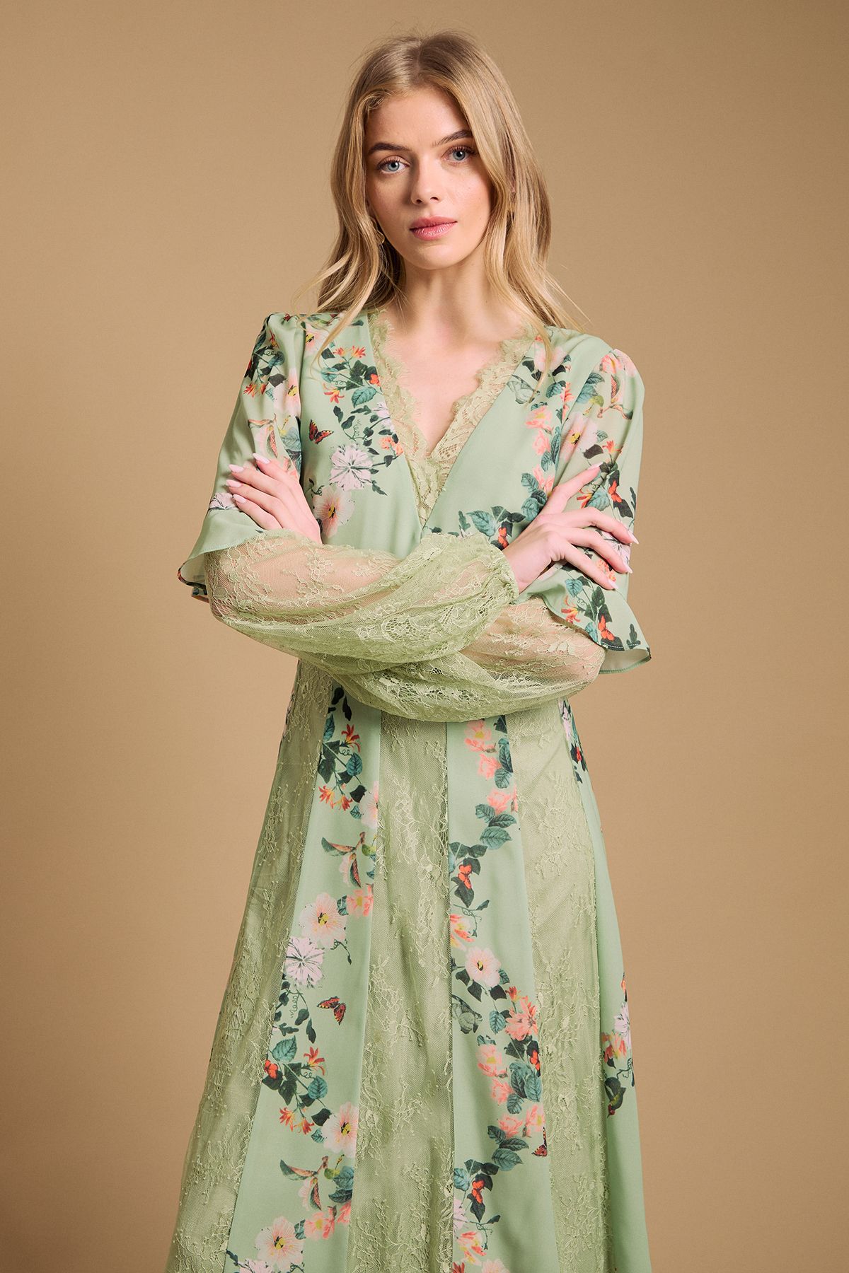 Oasis Lace Panel Midi Dress Sage image 2